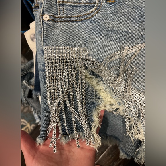 Custom rhinestones fringe jean shorts. Perfect for summer festivals! - Picture 6 of 8